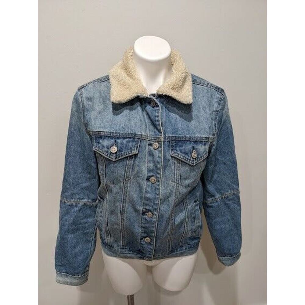 Kensie Womens Size Small Denim Jacket Medium Wash Faux Sherpa Collar Pockets - Picture 2 of 8